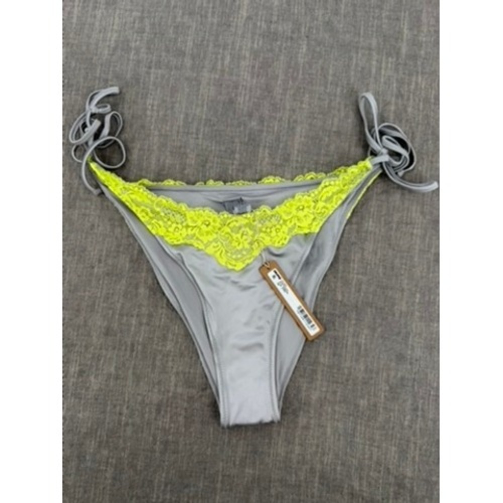 SKIMS Lace Swim Tie Bikini Bottom Chrome Gray Neon Lime Lace Trim Sz L Large NWT